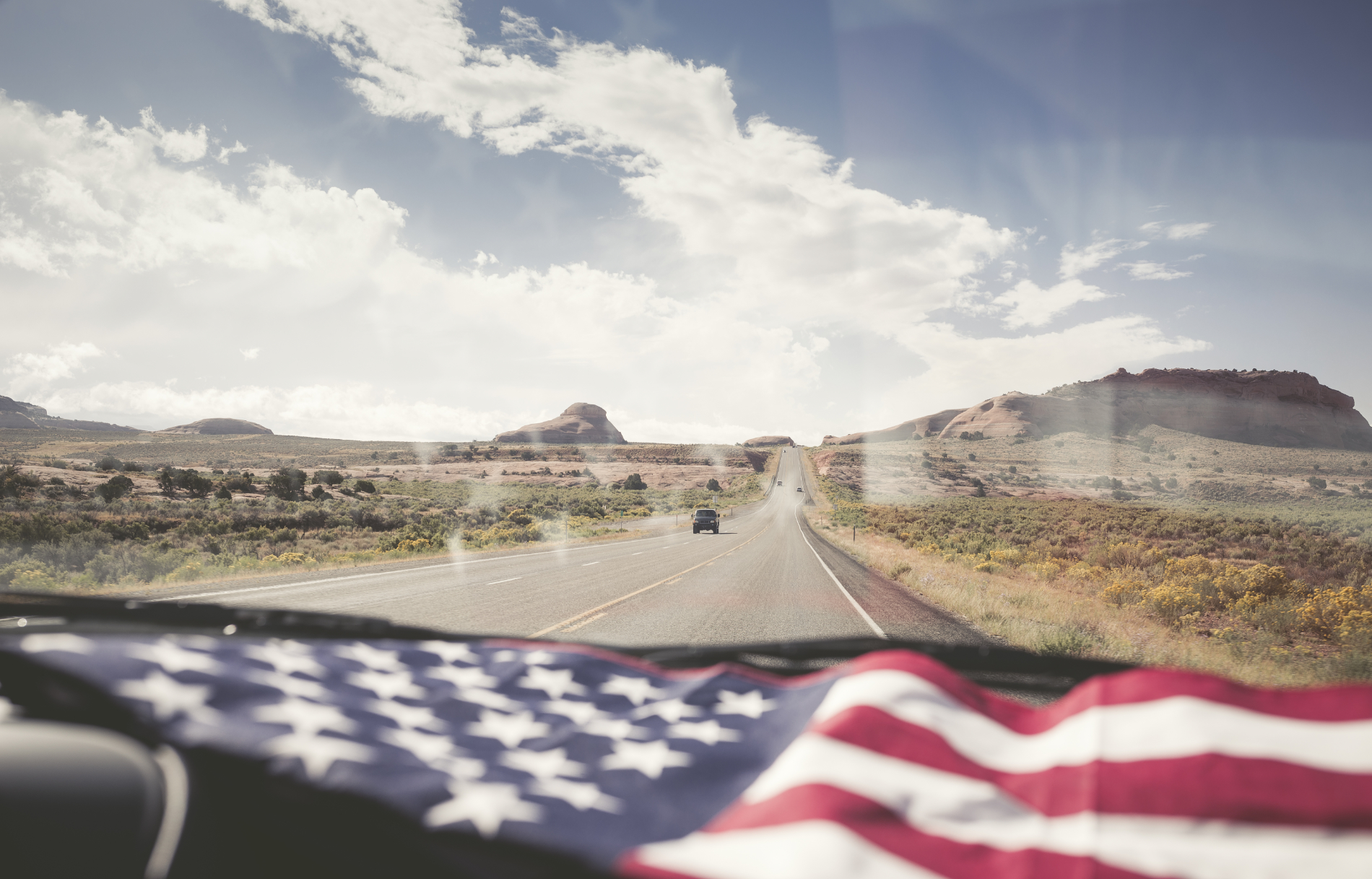 Open American road from the windshield